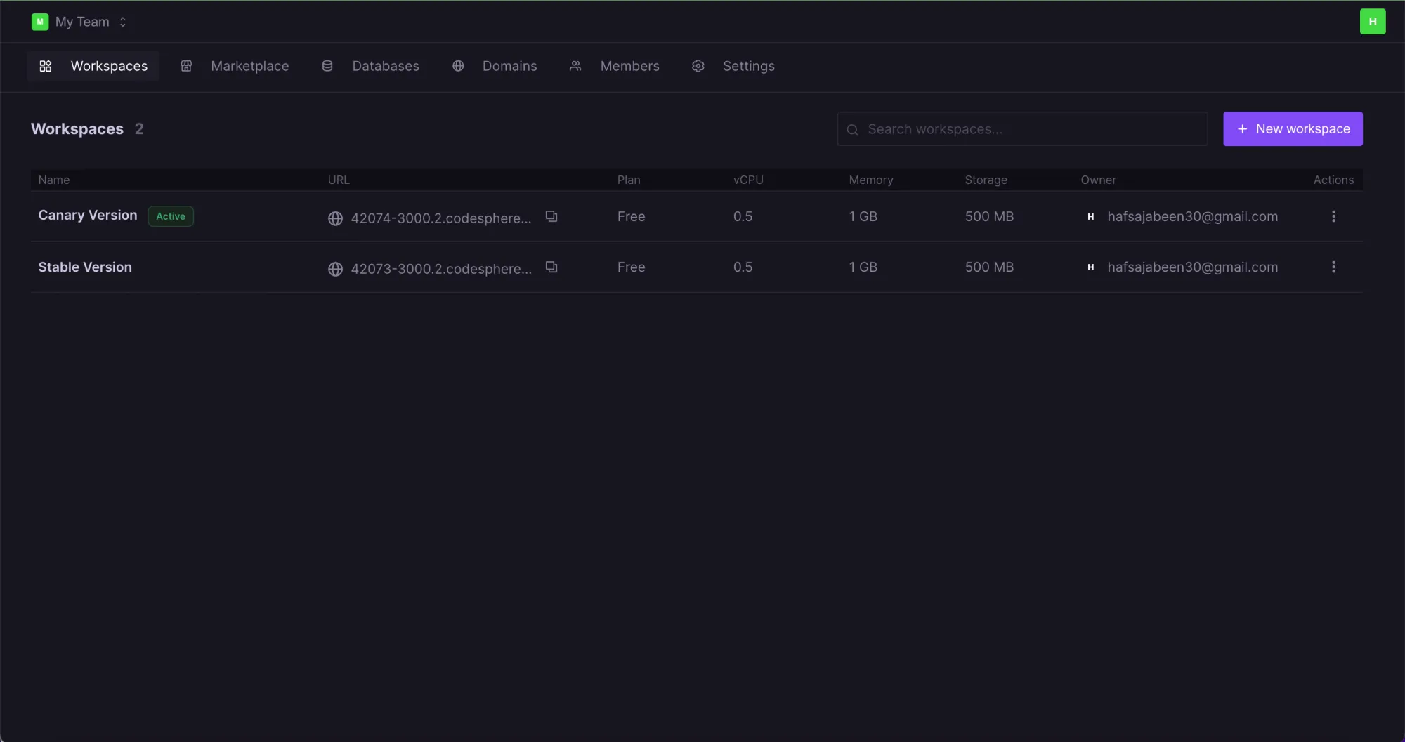 Codesphere workspace showing canary and stable versions