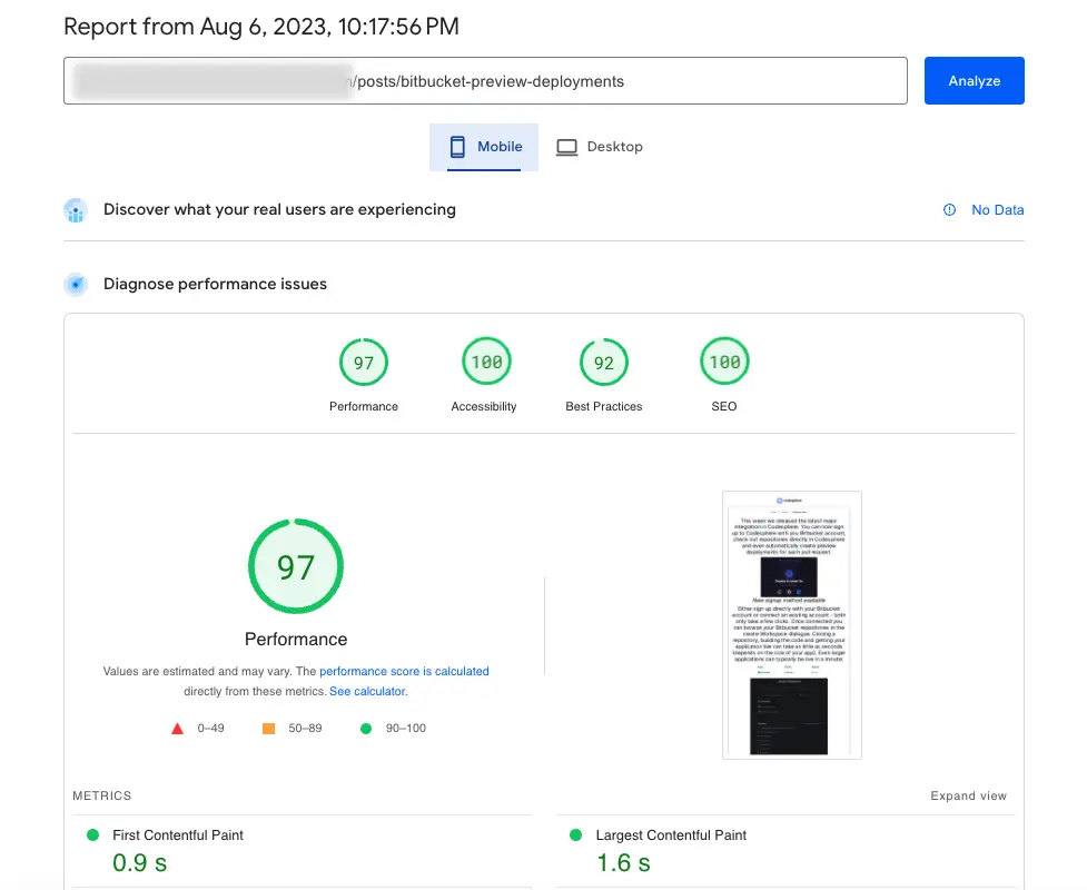 Pagespeed rankings from google for our static blog frontend