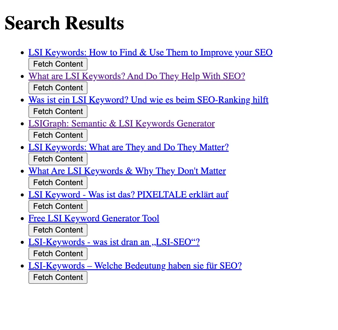 Result page for LSI Keyword tool displaying title and links