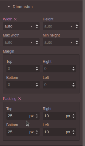 Example in the menu for setting the padding